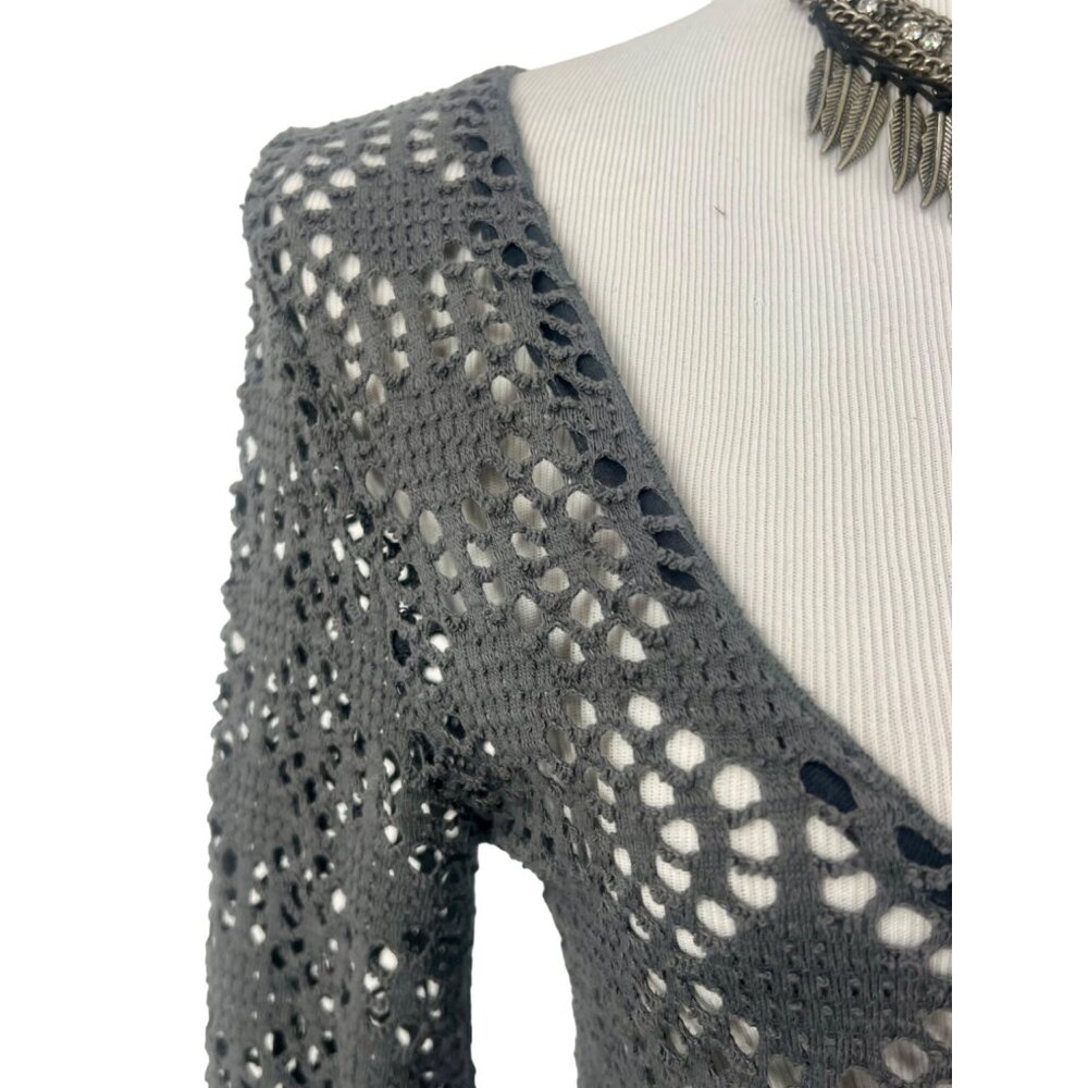 Vintage Free People Beach Gray Crochet Button Front Maxi Cardigan - Picture 3 of 16